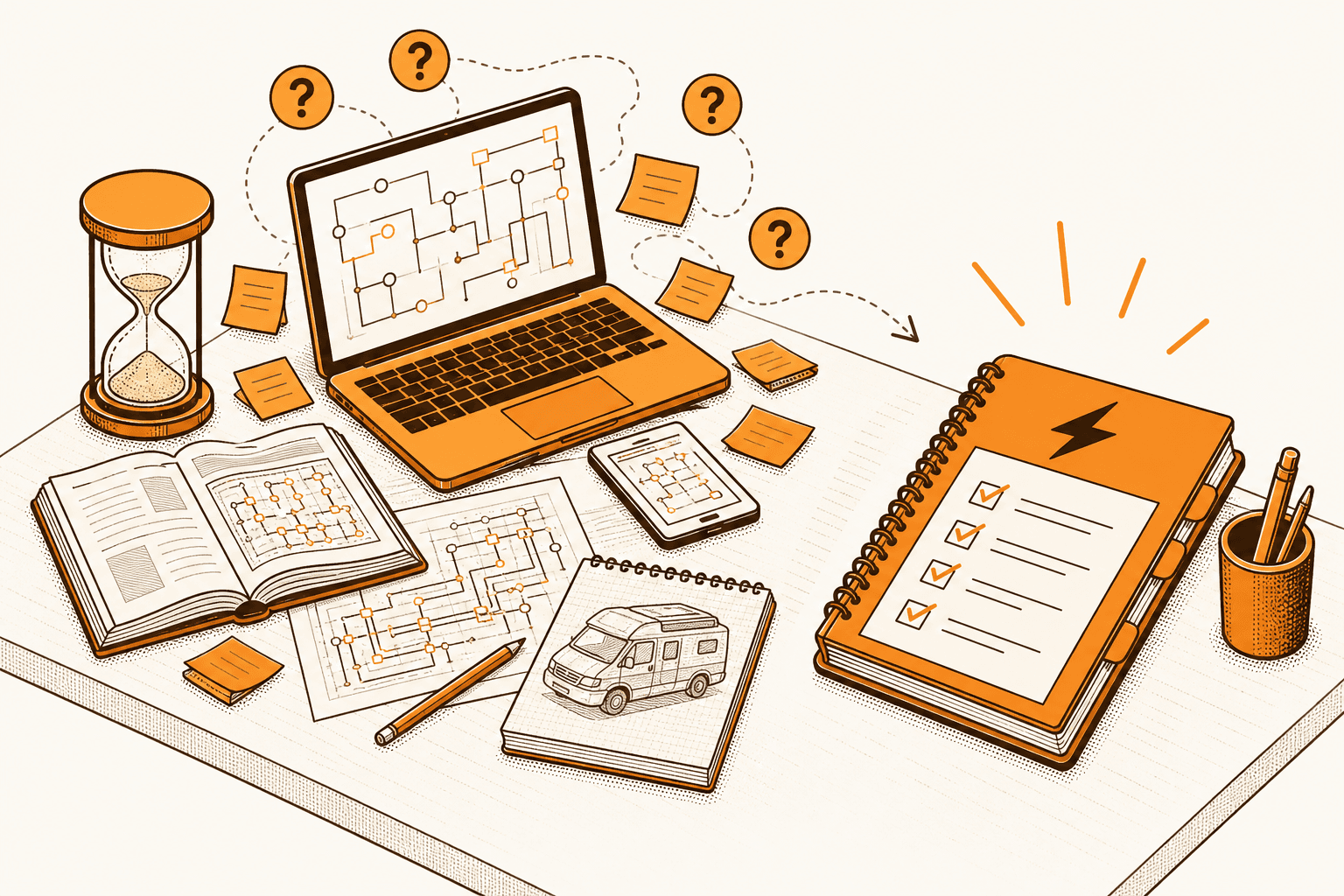 Isometric illustration of scattered van electrical research notes and diagrams becoming an organized planner checklist