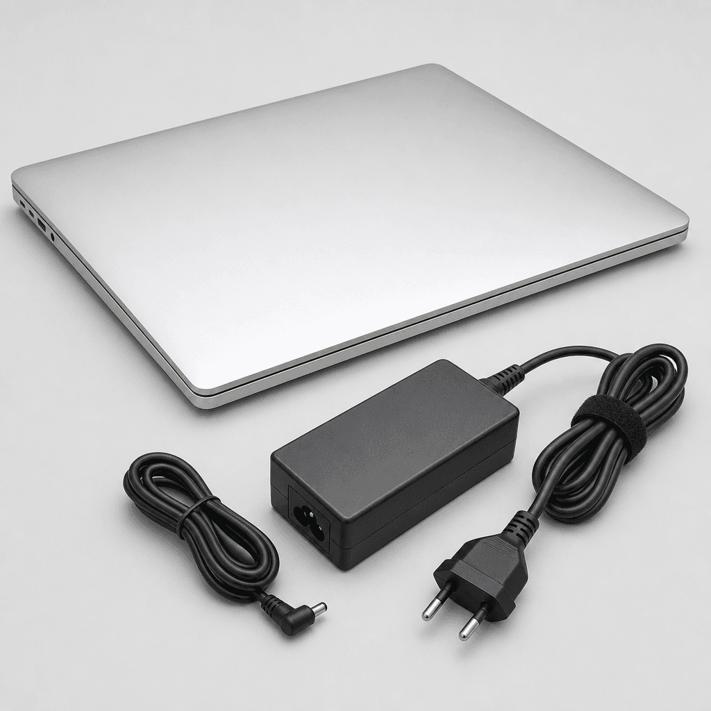Laptop with wall charger brick and EU-style household plug