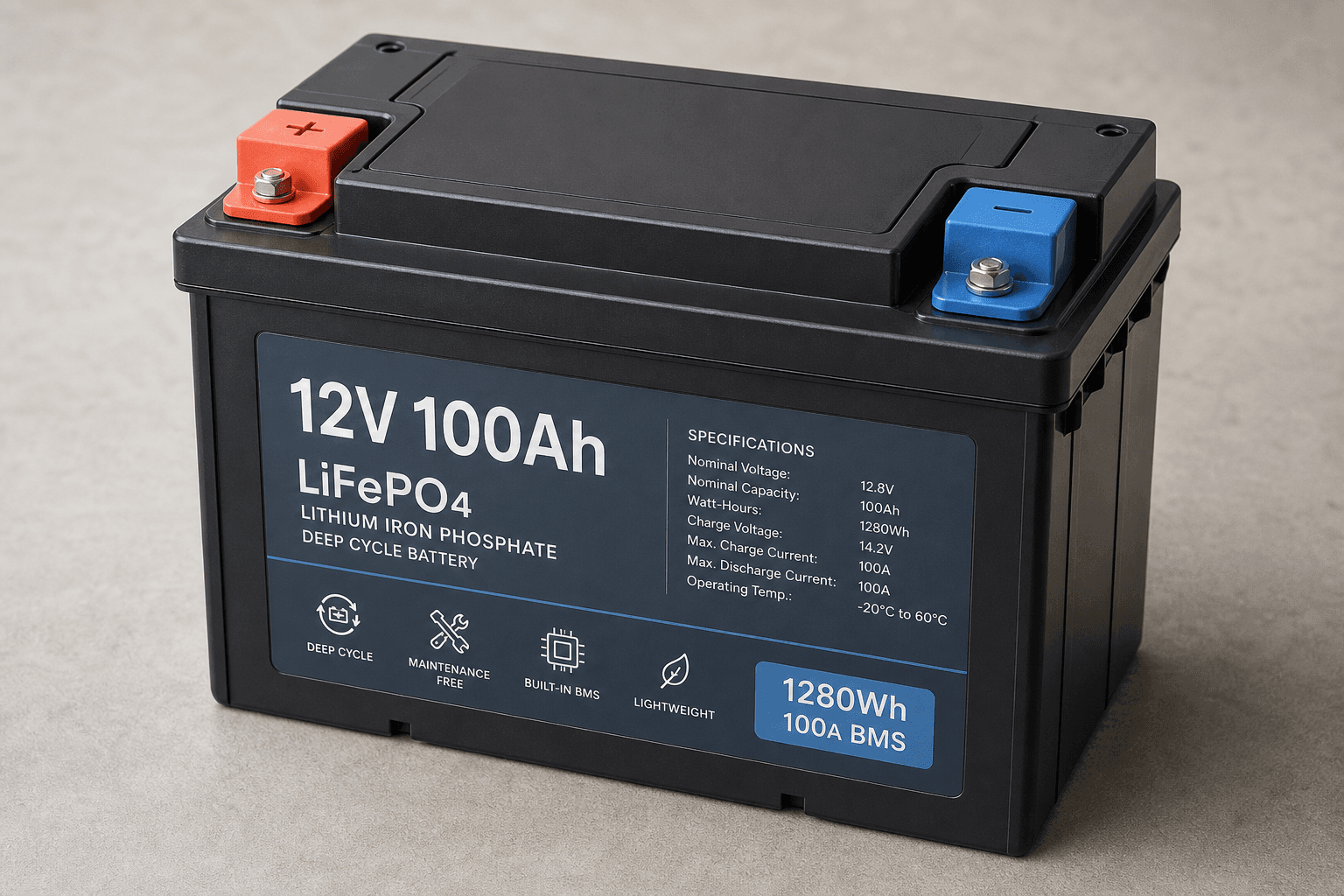 12 V LiFePO4 house battery with positive and negative terminals on top