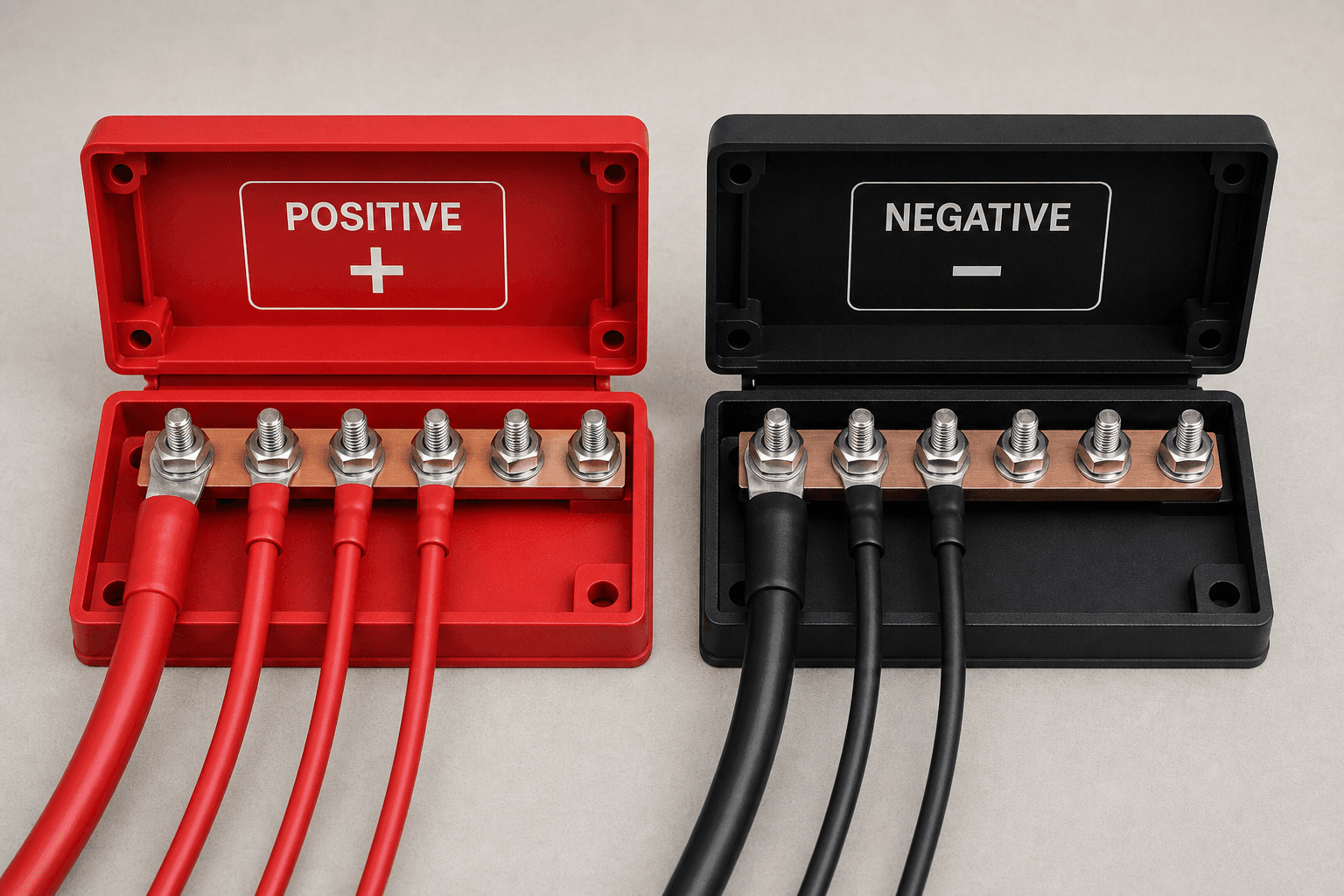 Labeled positive (+) red and negative (−) black DC busbars with equal studs and continuous polarity-matched cables