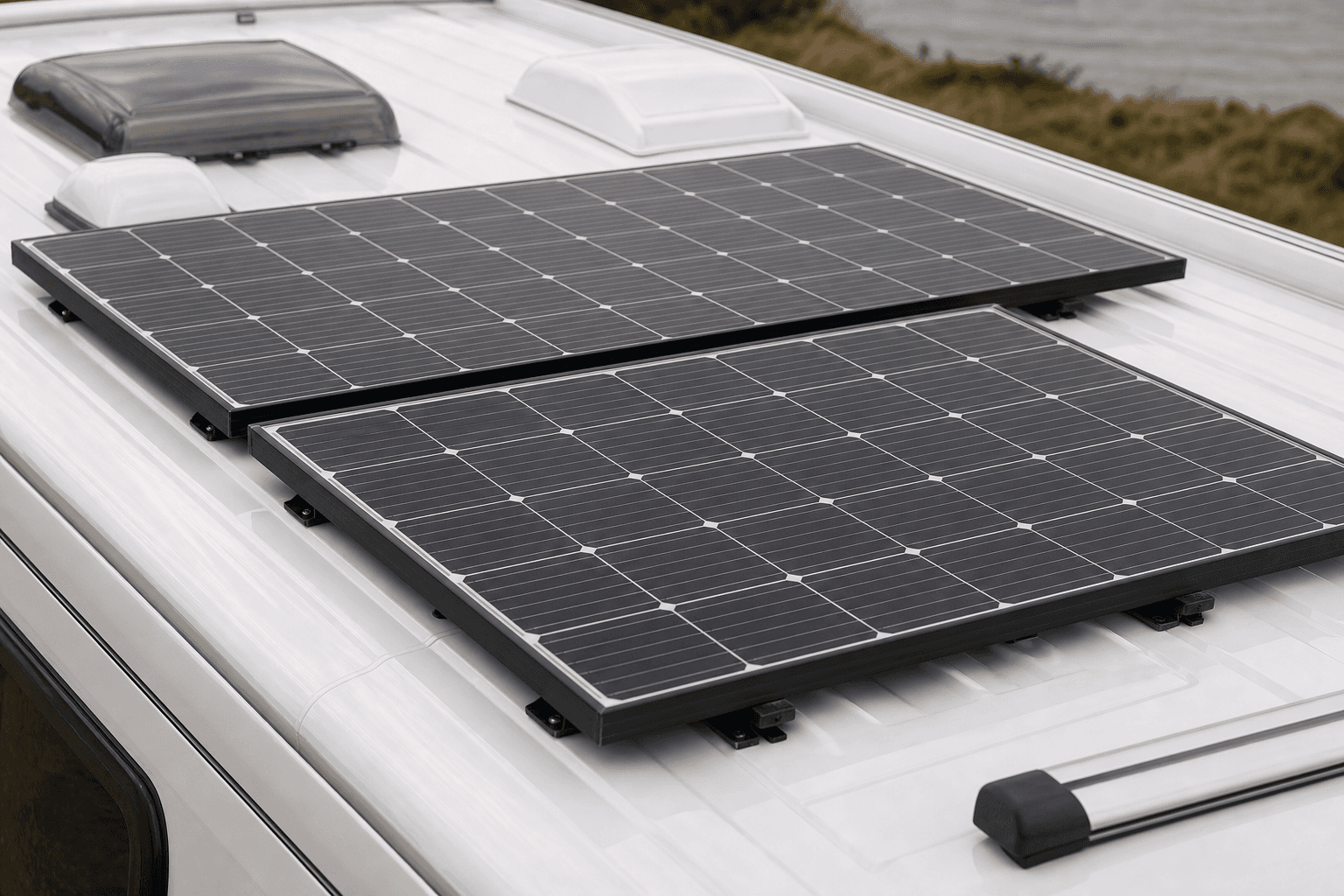 Solar panels mounted on a campervan roof