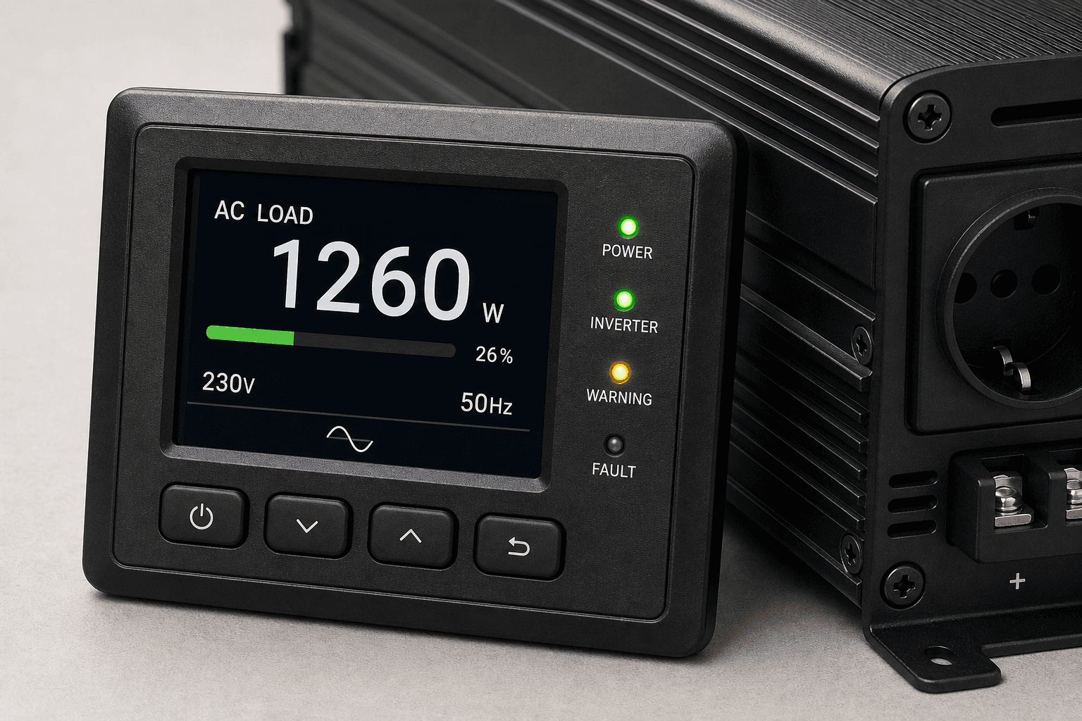 Inverter status display showing AC load and operating status