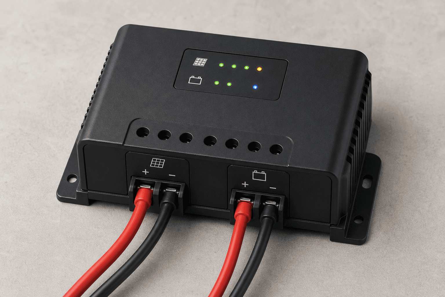 Solar charge controller with correctly polarised red and black cables
